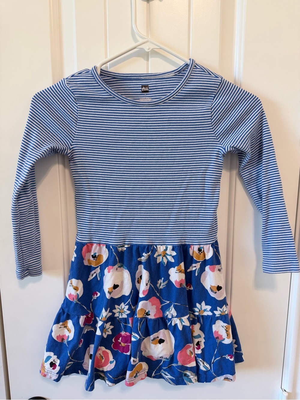 Tea Collection Girls 6 Blue Floral Striped Tiered Twirl Dress